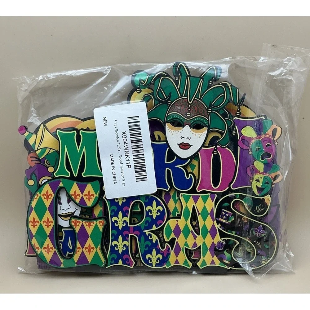 Mardi Gras 5 Festive Wooden‎ Table Top Signs w/Bases - NEW Open Bag